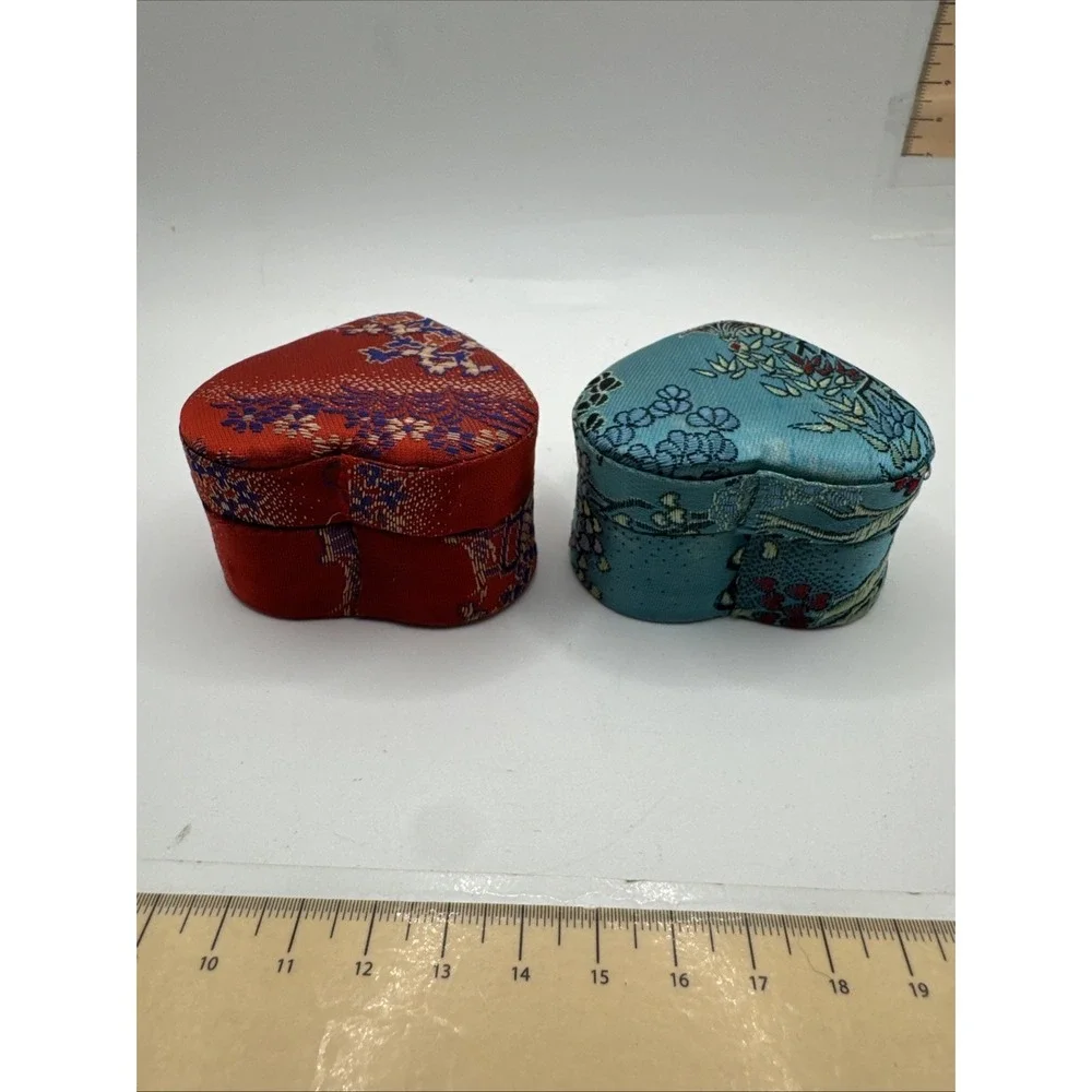 Set Of 2 Asian Ring Jewelry Box Compact Fabric Floral Portable - Heart Shaped